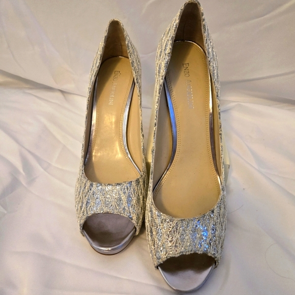 Enzo Angiolini Silver Sparkle Peep Toe Heels | Size 10.5 - Picture 1 of 8